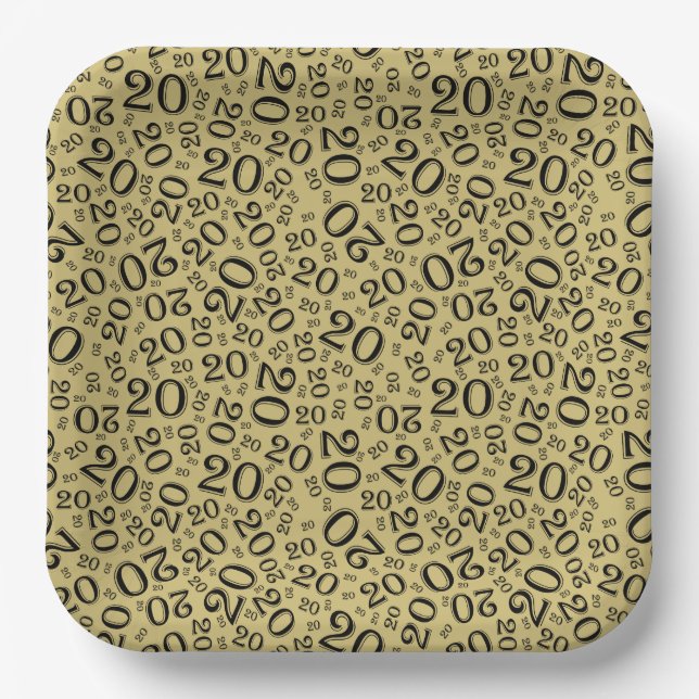 20th Birthday Random Number Pattern Gold/Black 20 Paper Plate (Front)