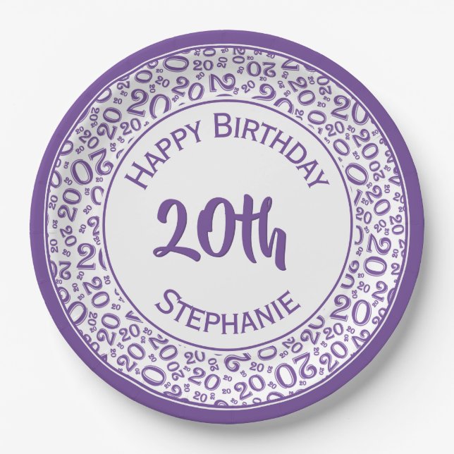 20th Birthday Random Number Pattern Purpel/White Paper Plate (Front)