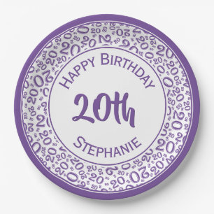 20th Birthday Random Number Pattern Purple/White Paper Plate