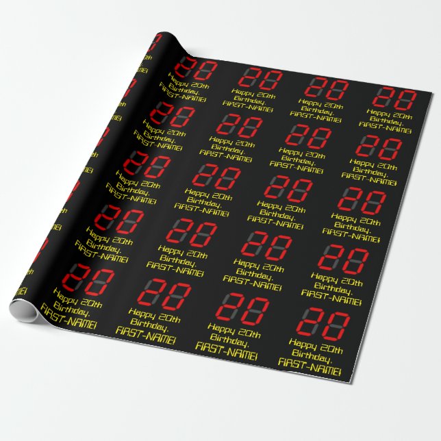 20th Birthday: Red Digital Clock Style "20" + Name Wrapping Paper (Unrolled)