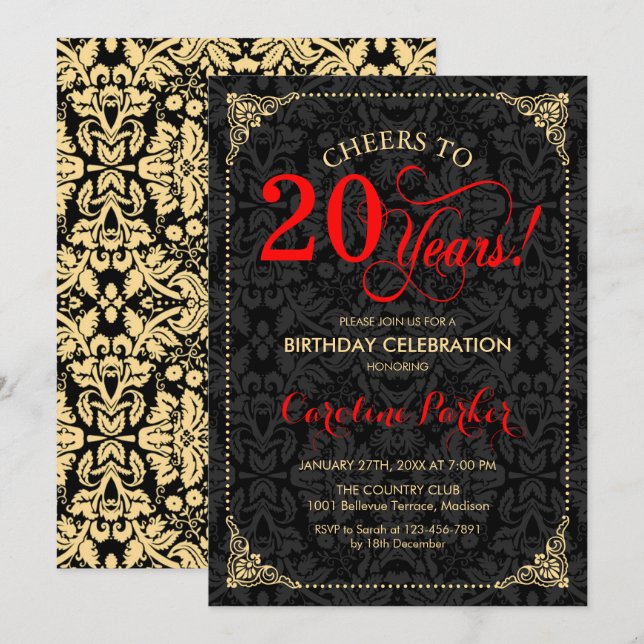 20th Birthday - Red Gold Black Damask Invitation (Front/Back)