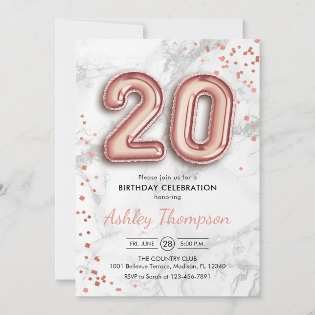20th Birthday - Rose Gold Balloons Marble Effect Invitation (Front)