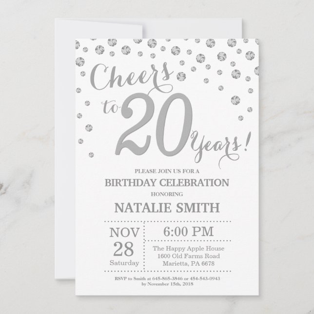20th Birthday Silver Glitter Diamond Invitation (Front)