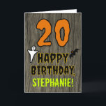 20th Birthday: Spooky Halloween Theme, Custom Name Card<br><div class="desc">The front of this scary and spooky Halloween birthday themed greeting card design features a large number "20". It also features the message "HAPPY BIRTHDAY, ", plus a customizable name. There are also depictions of a bat and a ghost on the front. The inside features an editable birthday greeting message,...</div>