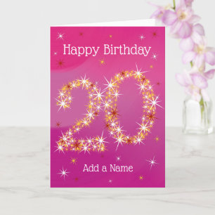 20th Birthday - Star Numbers - Pink - Age 20 Card