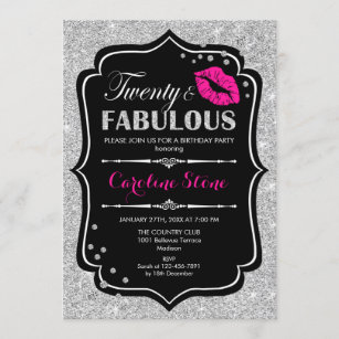 20th Birthday - Twenty Fabulous Black Pink Silver Invitation