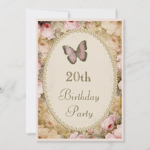 20th Birthday Vintage Roses Butterfly, Music Notes Invitation