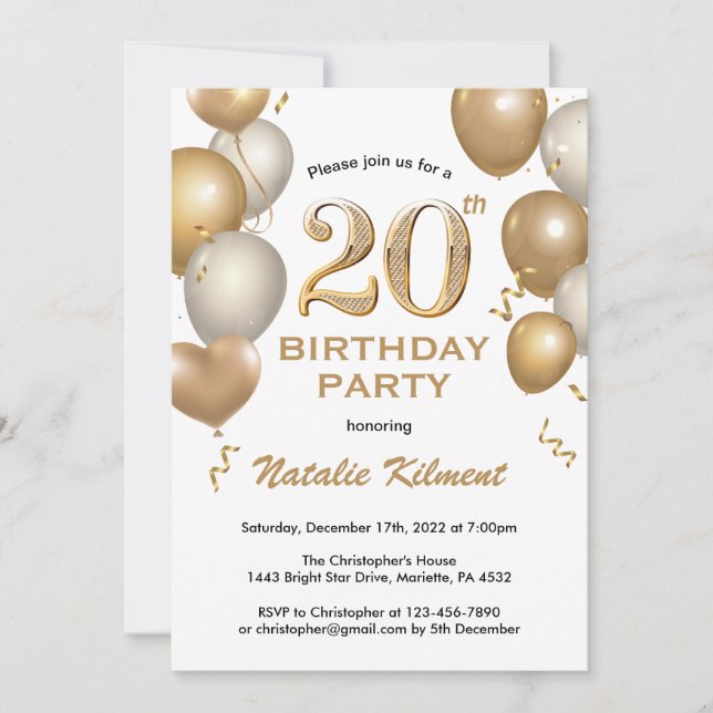 20th Birthday White and Gold Glitter Balloons Invitation (Front)