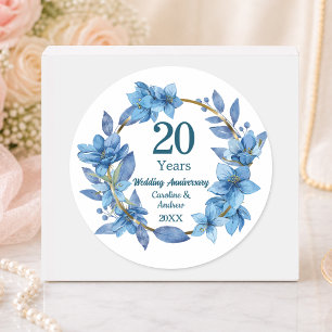 20th Blue Floral China Wedding Anniversary Classic Round Sticker