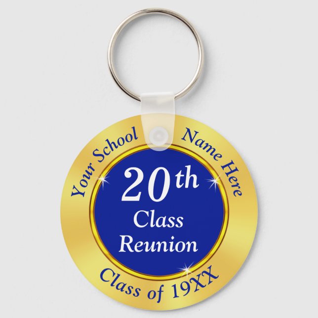 20th Class Reunion Gifts. Royal Blue, Gold, White Keychain (Front)