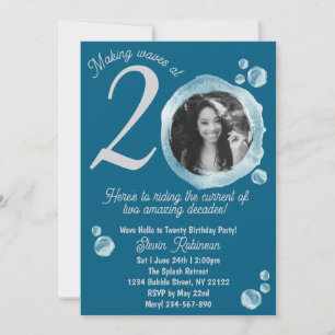 20th Dark Teal Bubbles Birthday Party Invitation