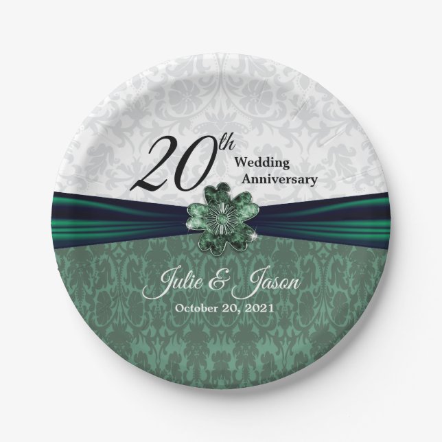 20th Emerald Damask Wedding Anniversary Design Paper Plate (Front)
