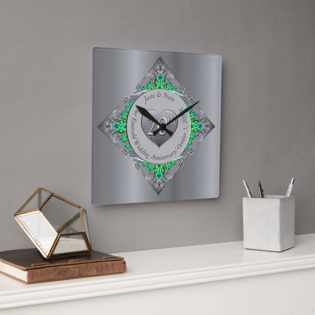 20th Emerald Wedding Anniversary Square Wall Clock (Office)