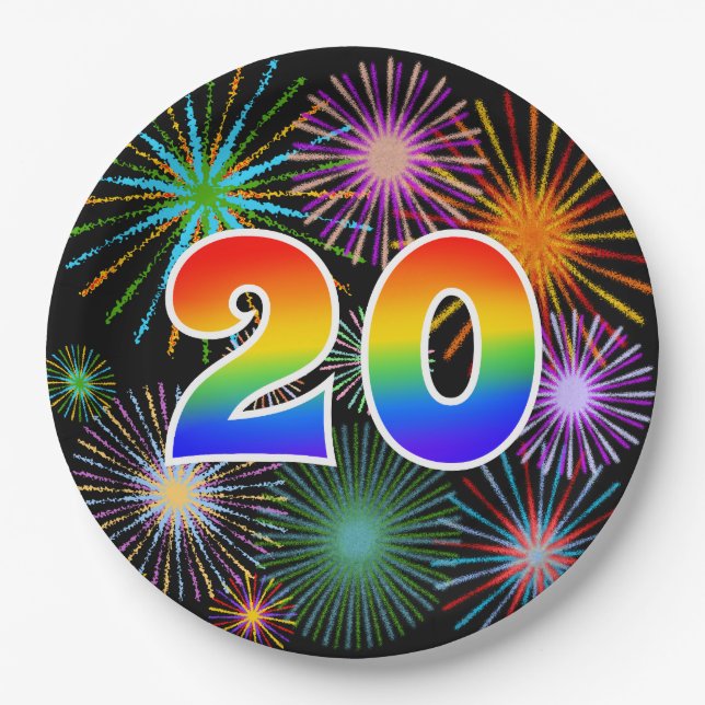 20th Event - Fun, Colourful, Bold, Rainbow 20 Paper Plate (Front)