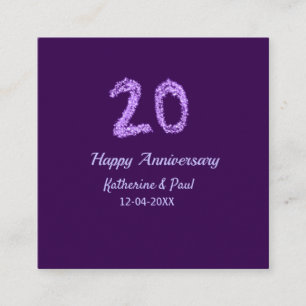 20th happy anniversary add couple name date purple square business card