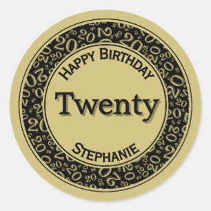 20th Happy Birthday Number Pattern Black/Gold Classic Round Sticker