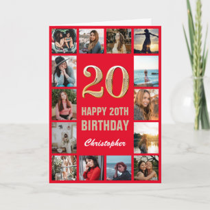 20th Happy Birthday Red and Gold Photo Collage Card