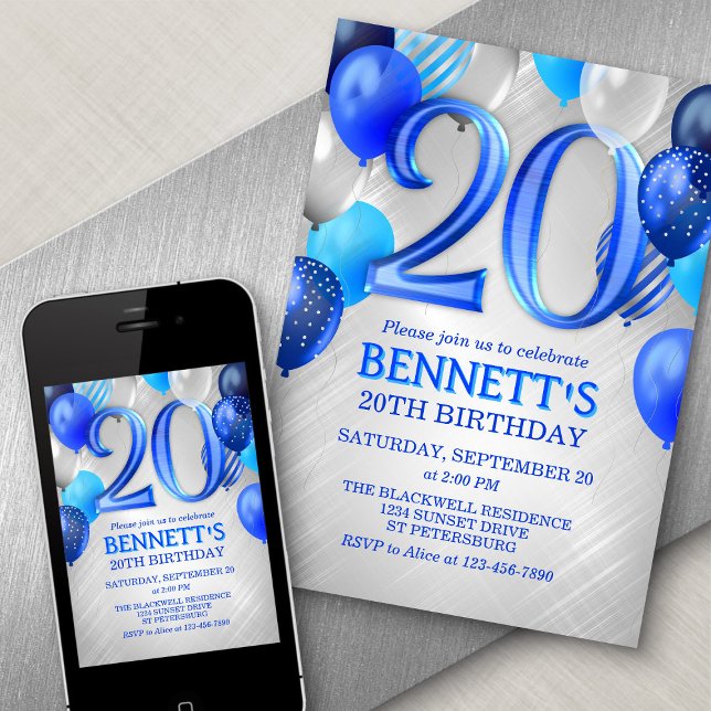 20th Mens Blue Anniversaire Invitation (Créateur téléchargé)
