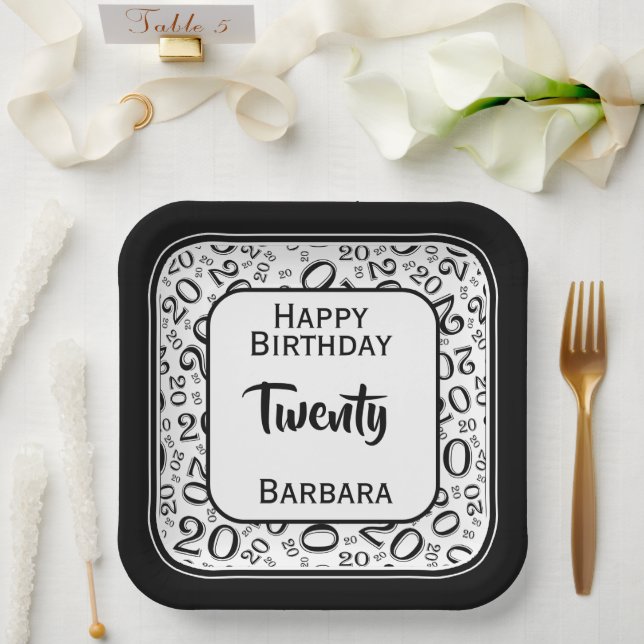 20th Party Random Number Pattern Black/White Paper Plate (Wedding)
