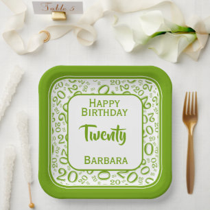 20th Party Random Number Pattern Green/White Paper Plate
