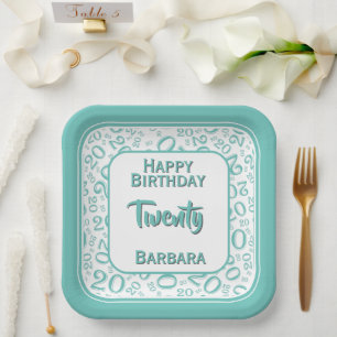 20th Party Random Number Pattern Teal/White Paper Plate