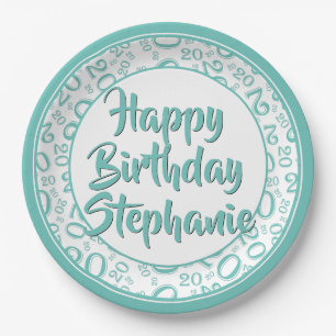 20th Party Random Number Pattern Teal/White Paper Plate