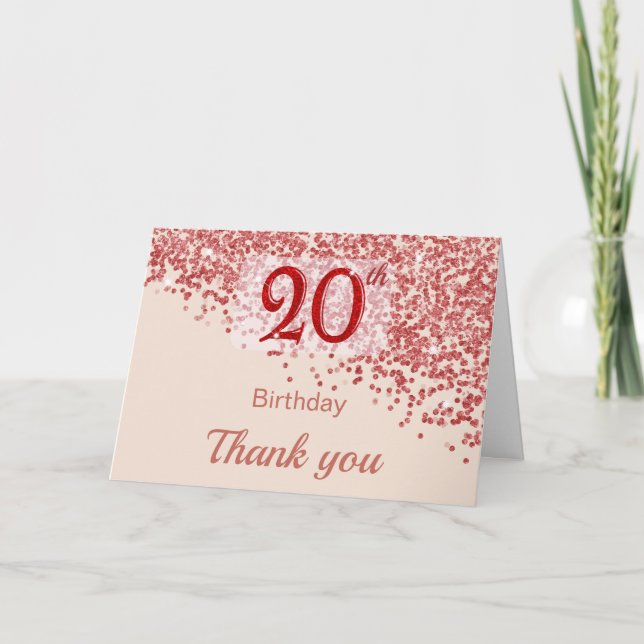 20th Ruby Red Glitter Champagne Birthday Thank You Card (Front)
