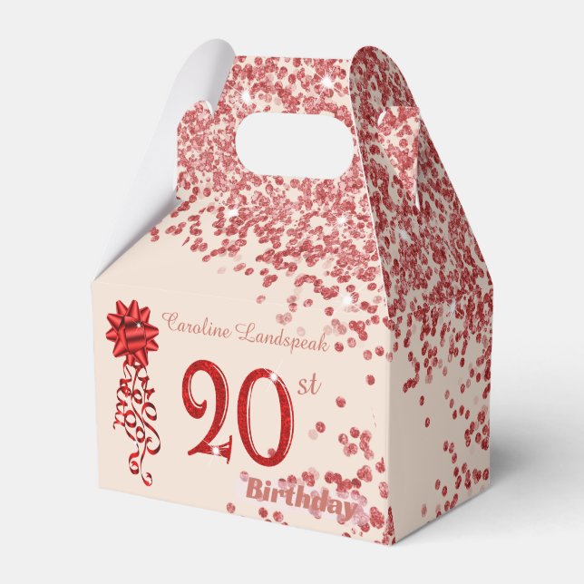 20th Ruby Red Glitter Champagne Gold Birthday  Favor Box (Front Side)