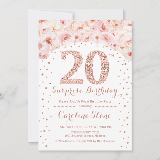 20th Surprise Birthday Party - White Rose Gold Invitation (Front)