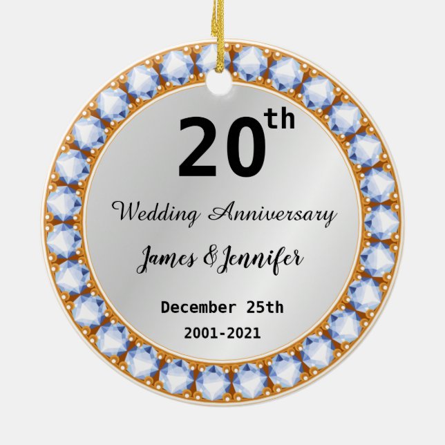 20th Wedding Anniversary diamond Custom Names Ceramic Ornament (Back)