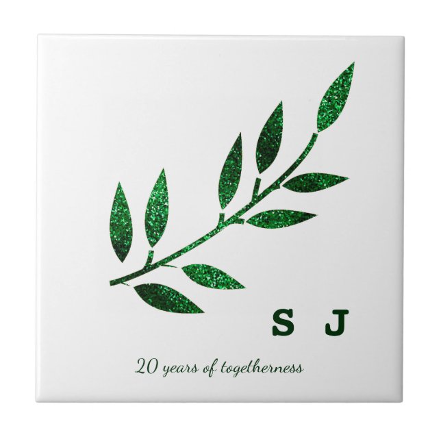 20th Wedding Anniversary Emerald Green Monogram Tile (Front)