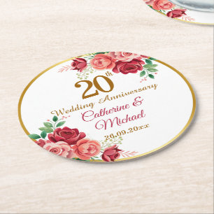 20th Wedding Anniversary Gold Frame Floral Round Paper Coaster