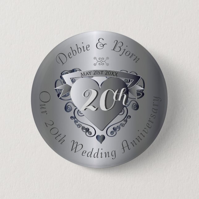 20th Wedding Anniversary Hear Emblem 2 Inch Round Button (Front)