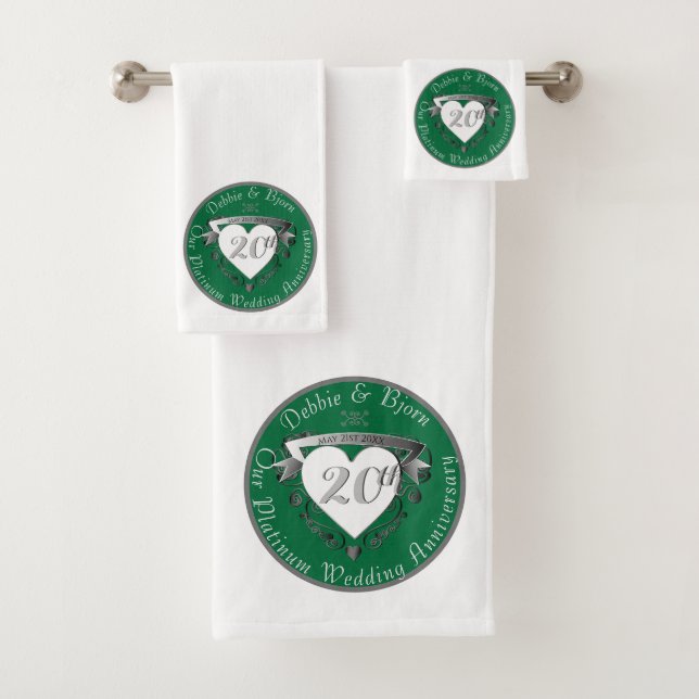 20th Wedding Anniversary Heart Emblem Emerald Bath Towel Set (Insitu)
