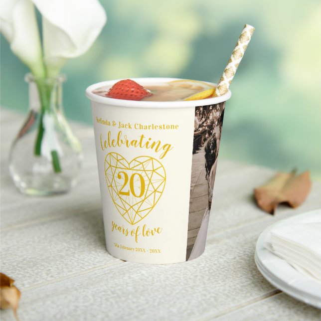 20th Wedding Anniversary outline heart photo Paper Cups (Insitu)