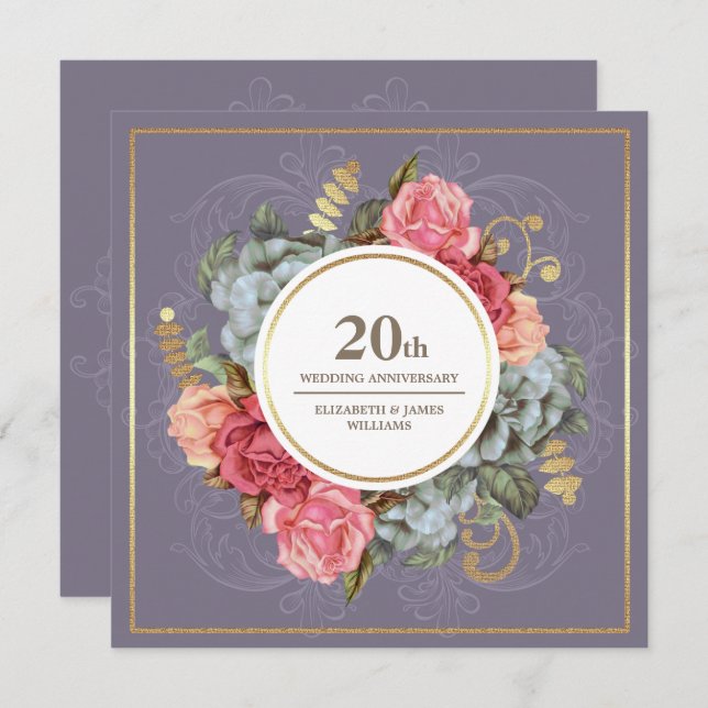 20th Wedding Anniversary Party Vintage Floral Invitation (Front/Back)
