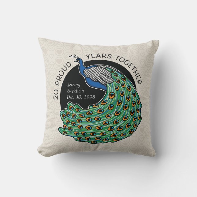 20th Wedding Anniversary, Peacock Bird Hearts Throw Pillow (Front)