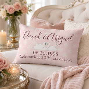 20th Wedding Anniversary Pink and White Damask Lumbar Pillow