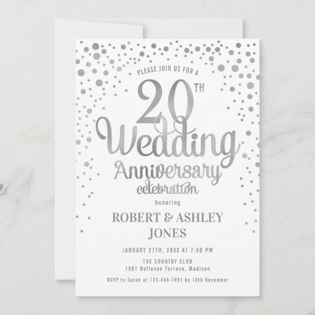 20th Wedding Anniversary - Silver & White Invitation (Front)