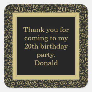 20th Your Age Random Number Pattern Black/Gold Square Sticker