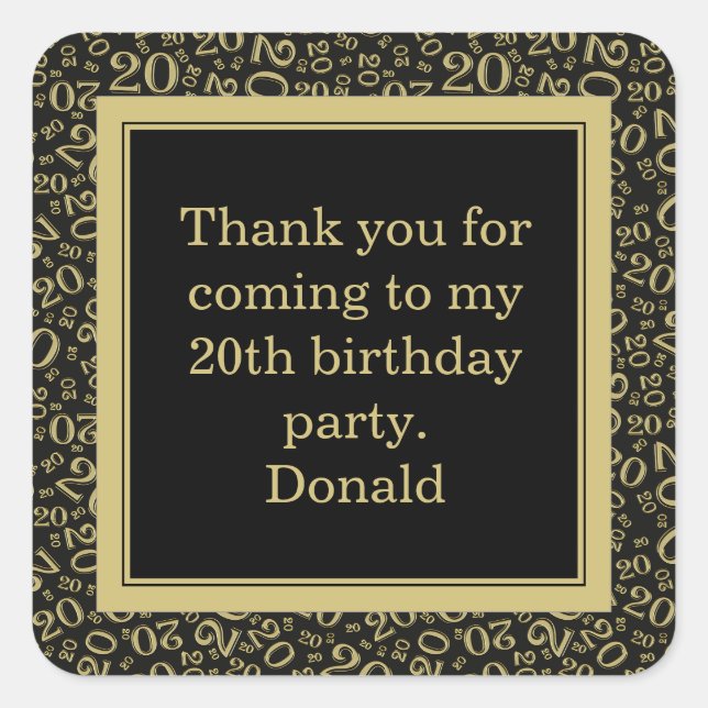 20th Your Age Random Number Pattern Black/Gold Square Sticker (Front)
