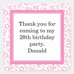 20th Your Age Random Number Pattern Pink/White Square Sticker