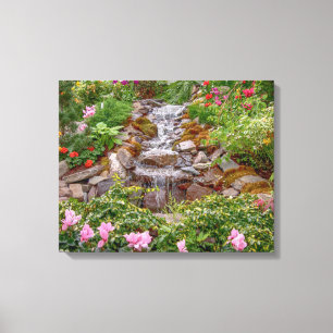20x16 Flowing Waterfall with spring flowers Canvas Print