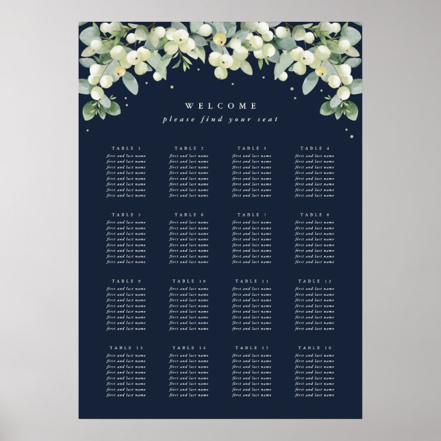 20x28" 16 Tables of 8 Wedding Seating Chart Poster (Front)