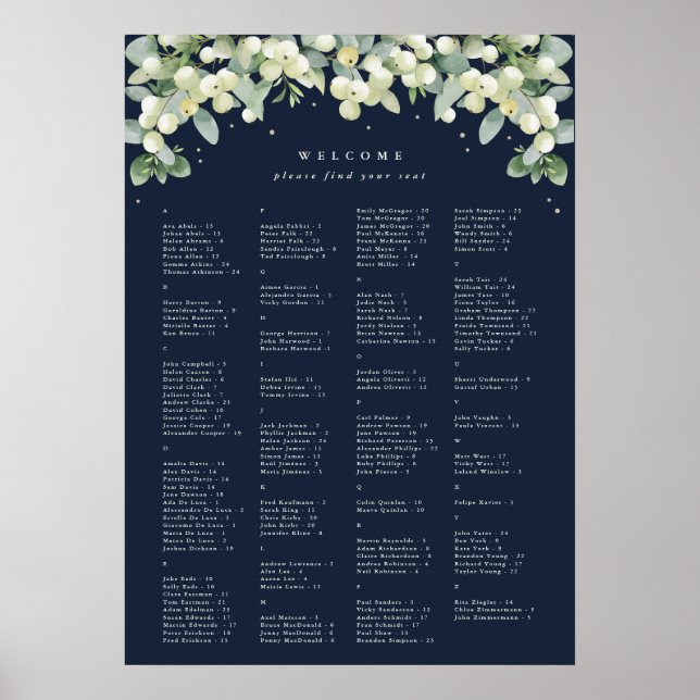 20x28" Alphabetical Seating Chart for 150 People (Front)