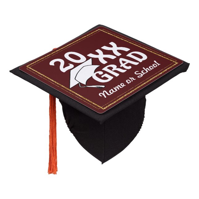 20XX GRAD | Gold Border (Editable Colours) Graduation Cap Topper (Angled)