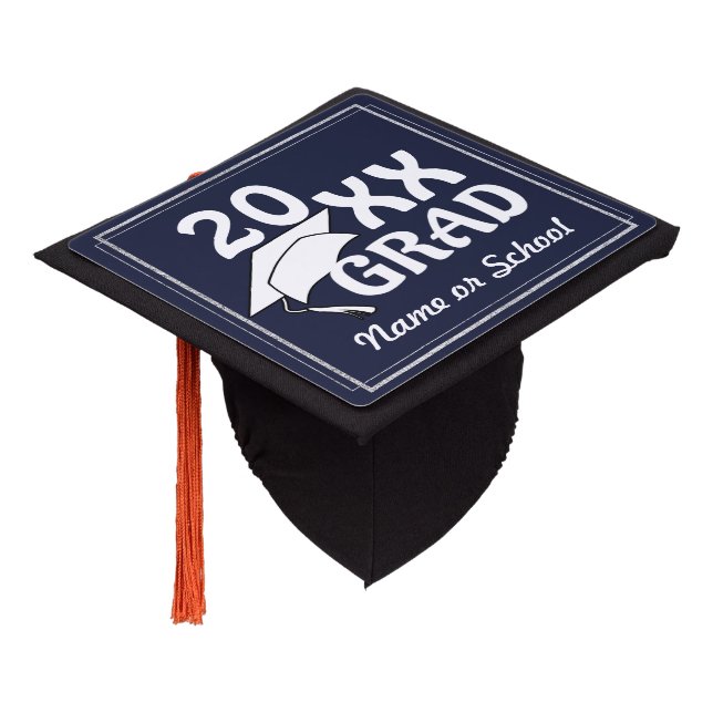 20XX Grad | Silver Border (Editable Colours) Graduation Cap Topper (Angled)