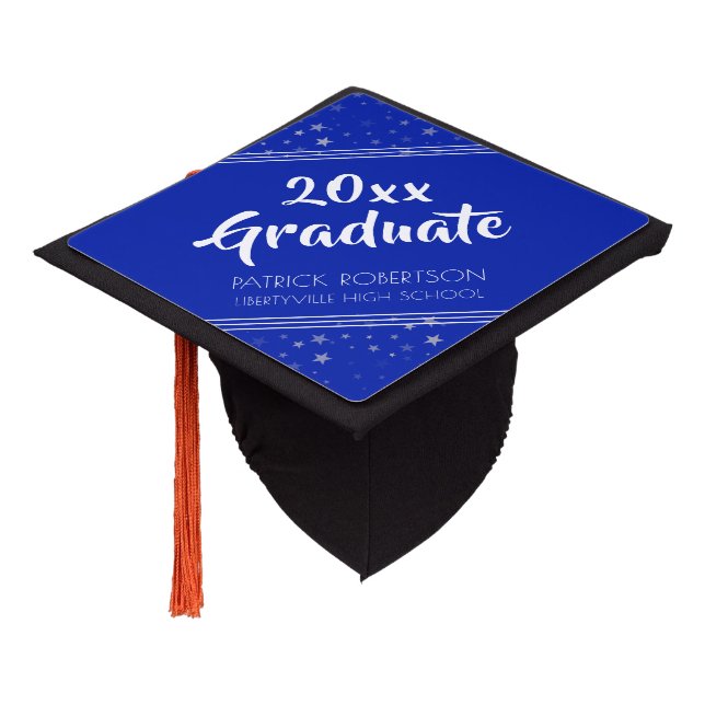 20xx Graduate | Stars | Editable Royal Blue Graduation Cap Topper (Angled)