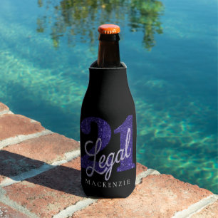 21 and Legal   Black Purple Glitter 21st Birthday Bottle Cooler