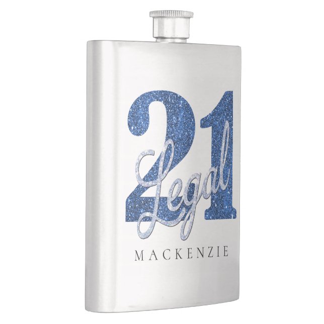 21 and Legal | Blue Faux Glitter 21st Birthday Hip Flask (Right)